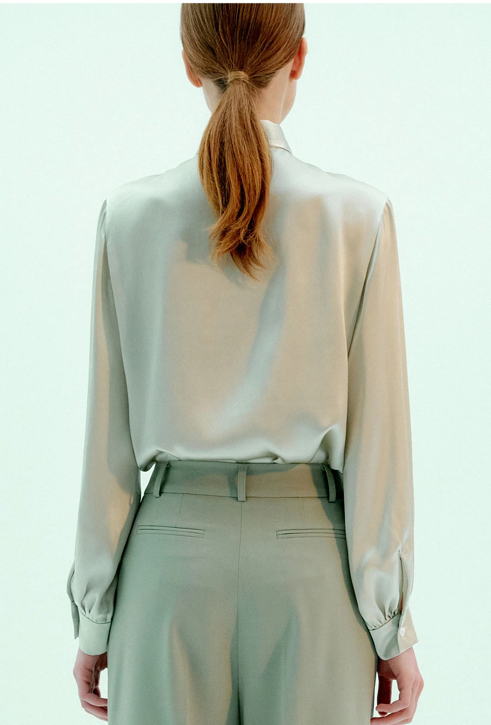 Mint green satin bow shirt - Image 6