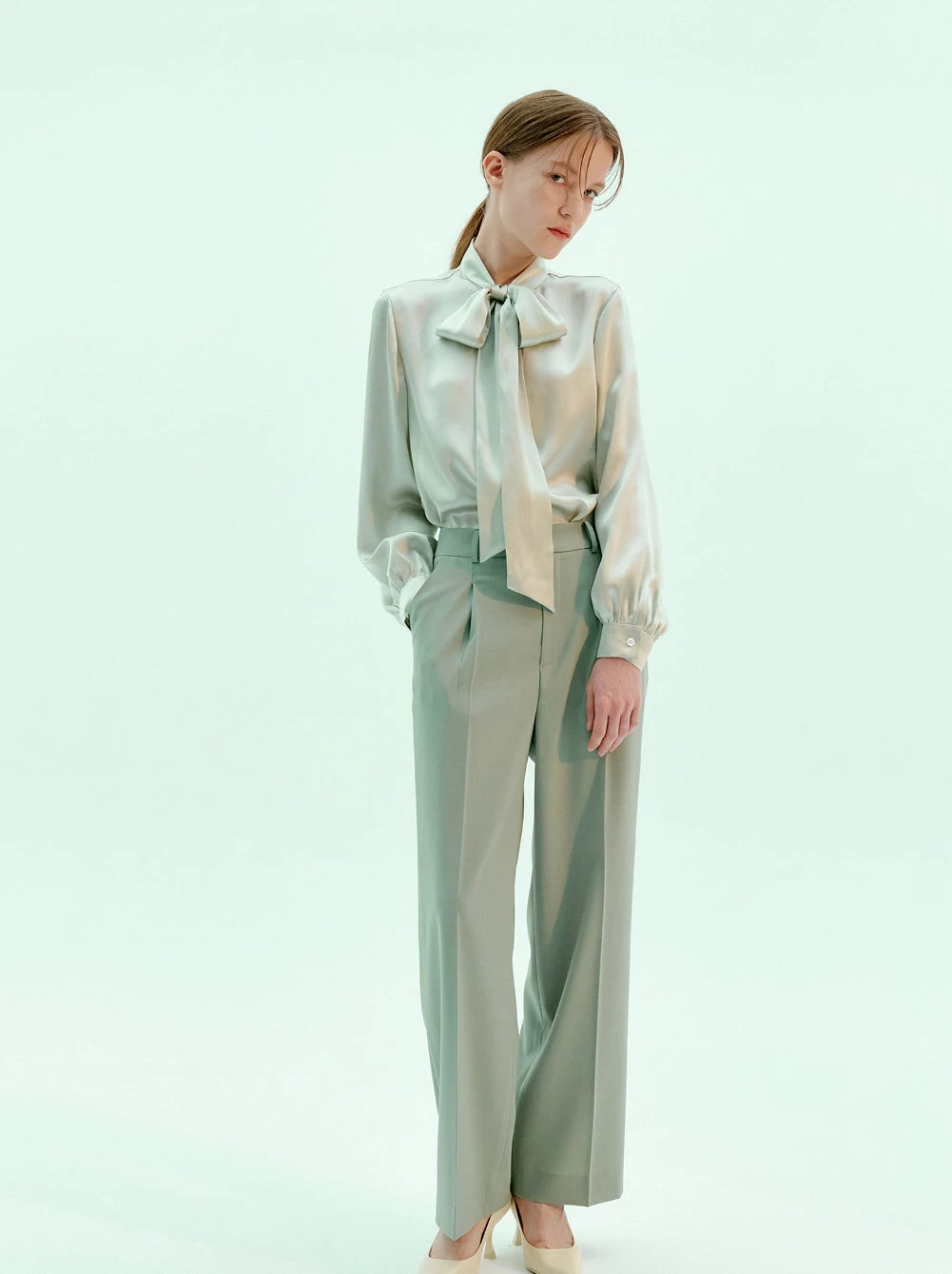 Mint green satin bow shirt