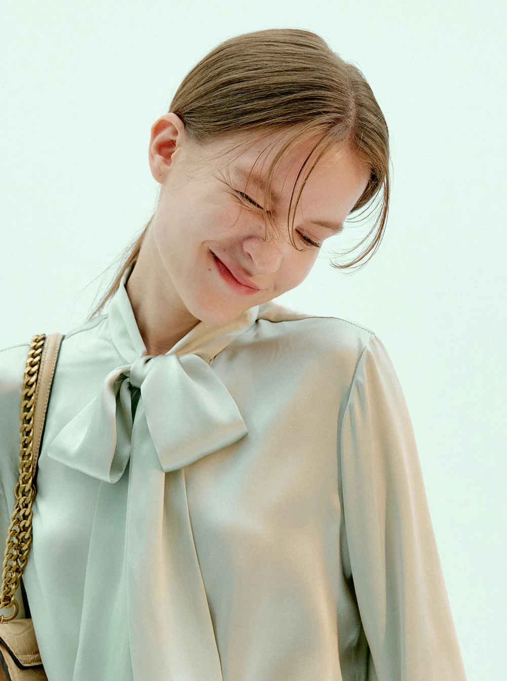 Mint green satin bow shirt - Image 3