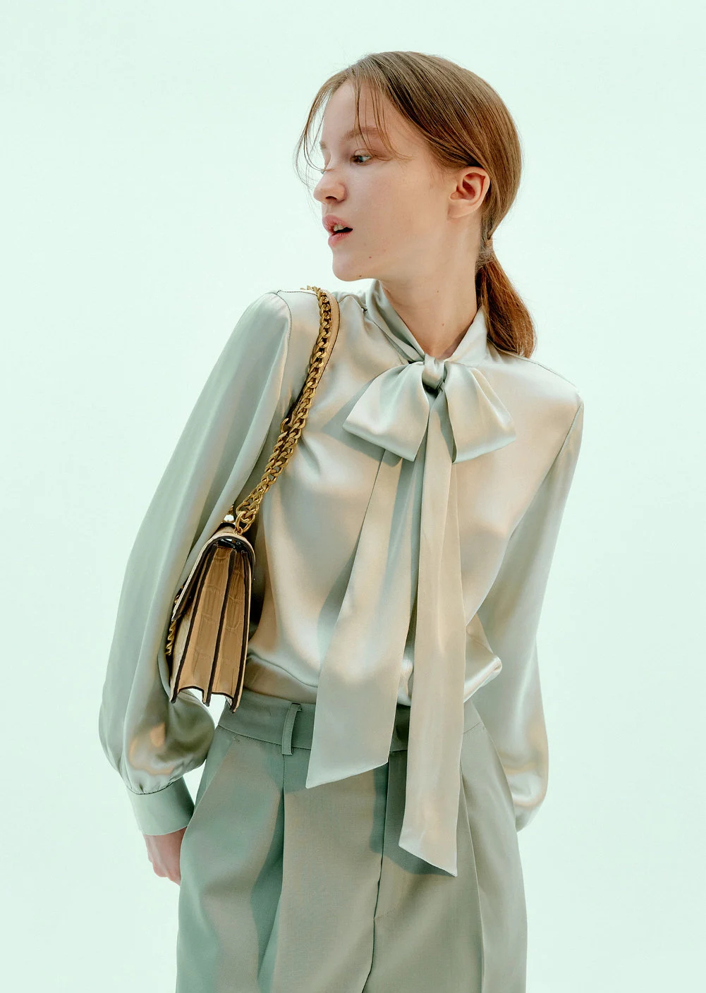 Mint green satin bow shirt - Image 2