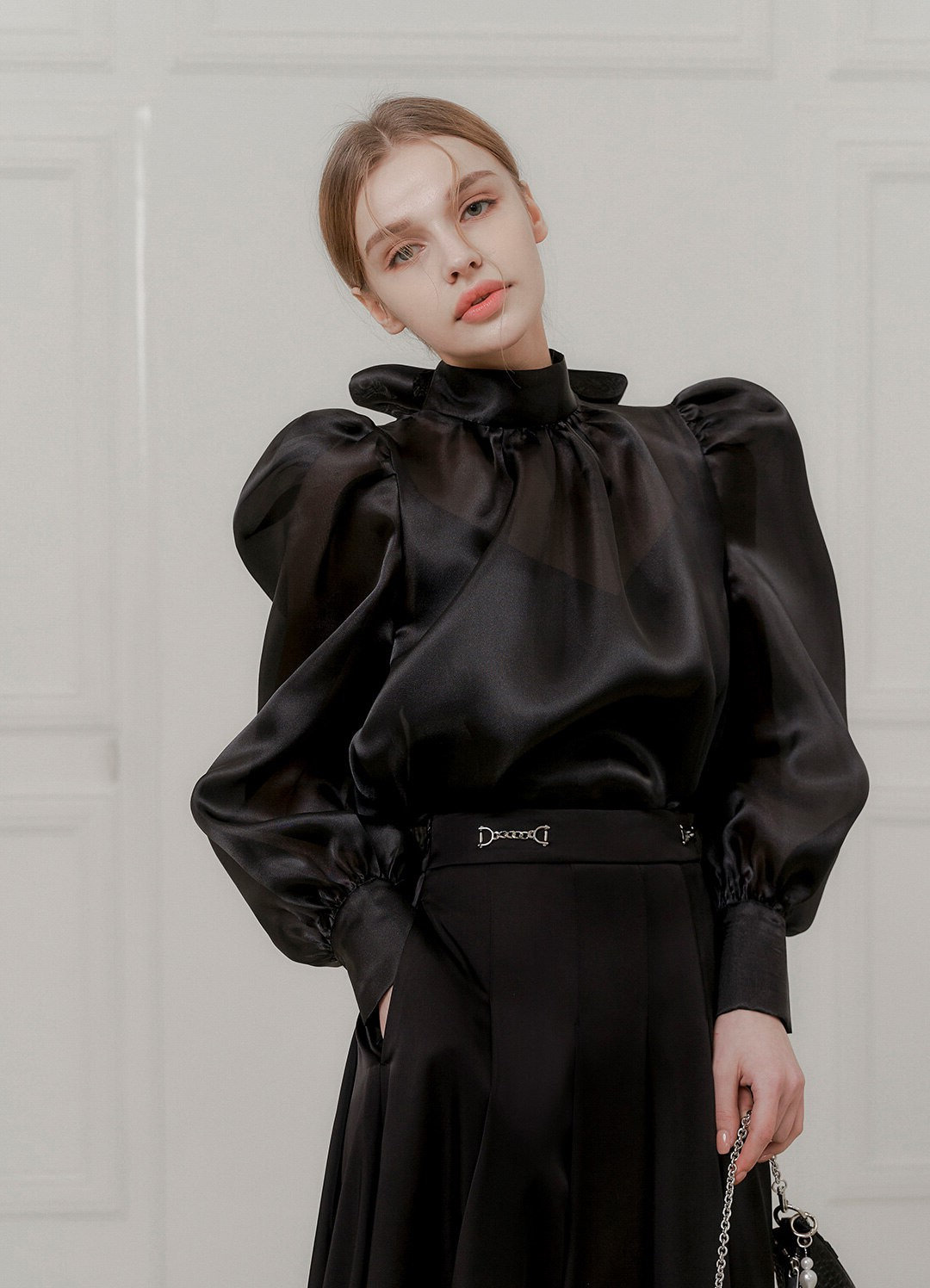 Black turtleneck puff sleeve satin shirt