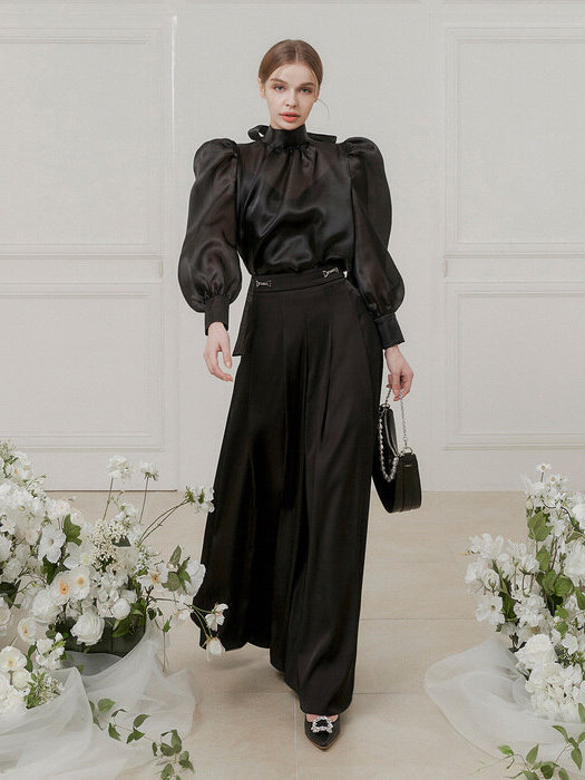 Black turtleneck puff sleeve satin shirt - Image 5