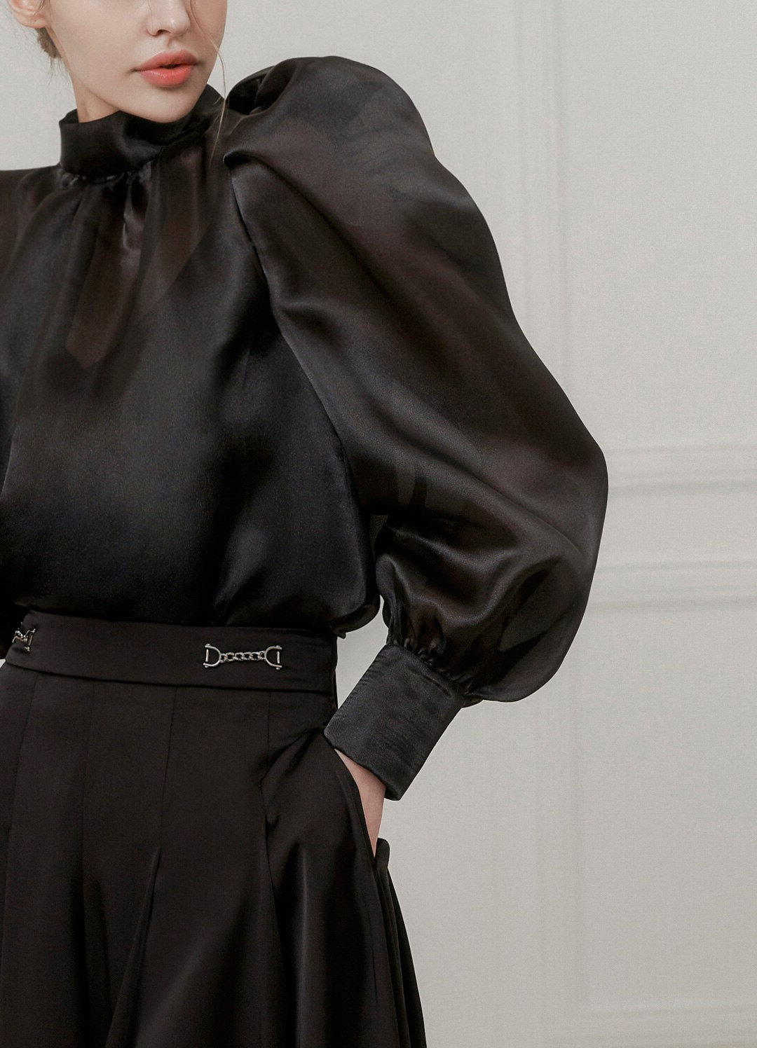 Black turtleneck puff sleeve satin shirt - Image 3