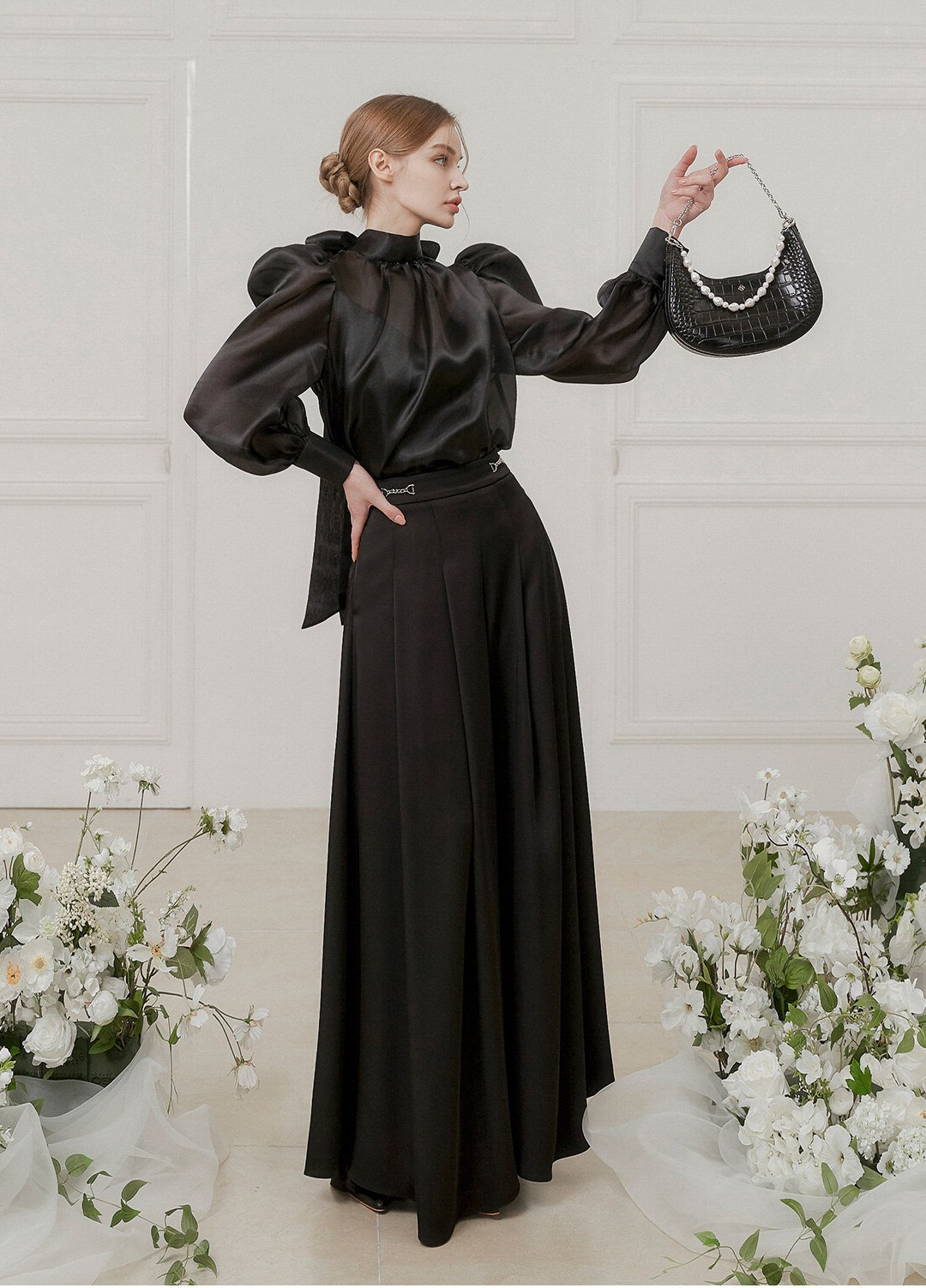 Black turtleneck puff sleeve satin shirt - Image 2