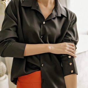Black satin button-down shirt